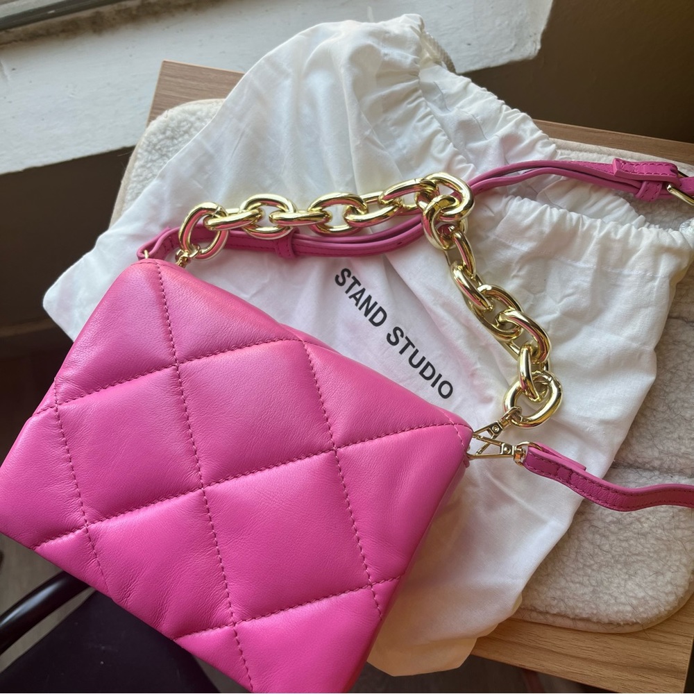 stand studio lamb leather pink quilted bag
